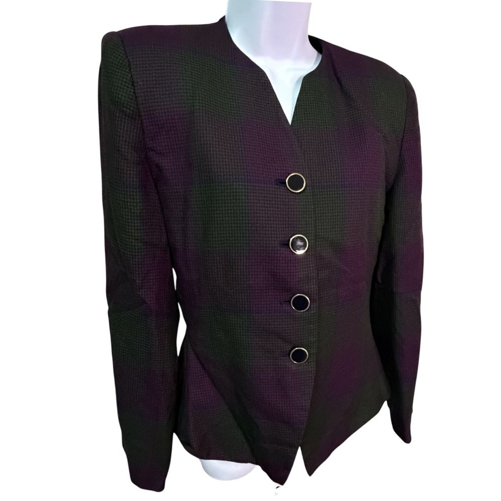 Plaid Plum/Green Womens 4 Power Jacket 4 Houndstooth Button Front Fitted